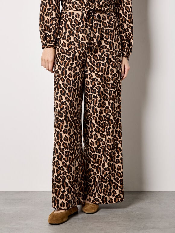 Leopard Print Wide-Leg Trousers, Brown, large