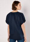 Ruffle Sleeve Woven T-Shirt, Navy, large