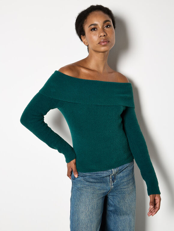 Fluffy Bardot Jumper, Green, large