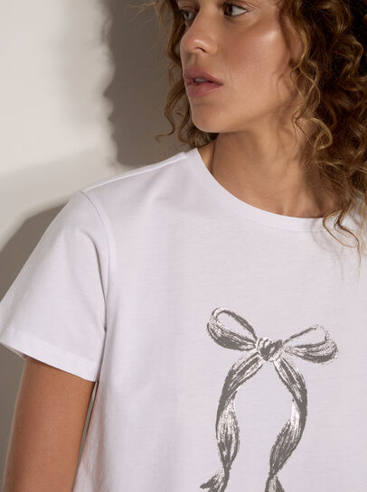 Metallic Bow Print Cotton T-Shirt