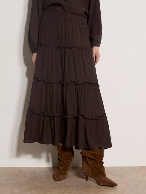Ruffle Tiered Maxi Skirt, Brown, large