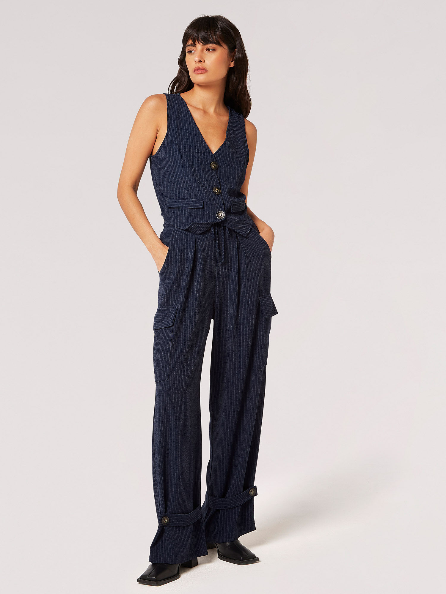 Textured Pinstripe Cargo Trousers Apricot Clothing