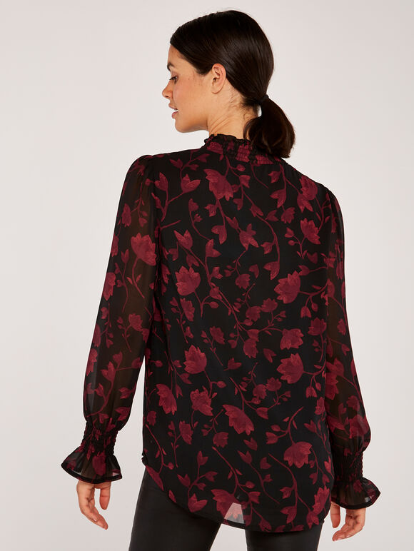 Silhouette Branches Chiffon Top, Black, large