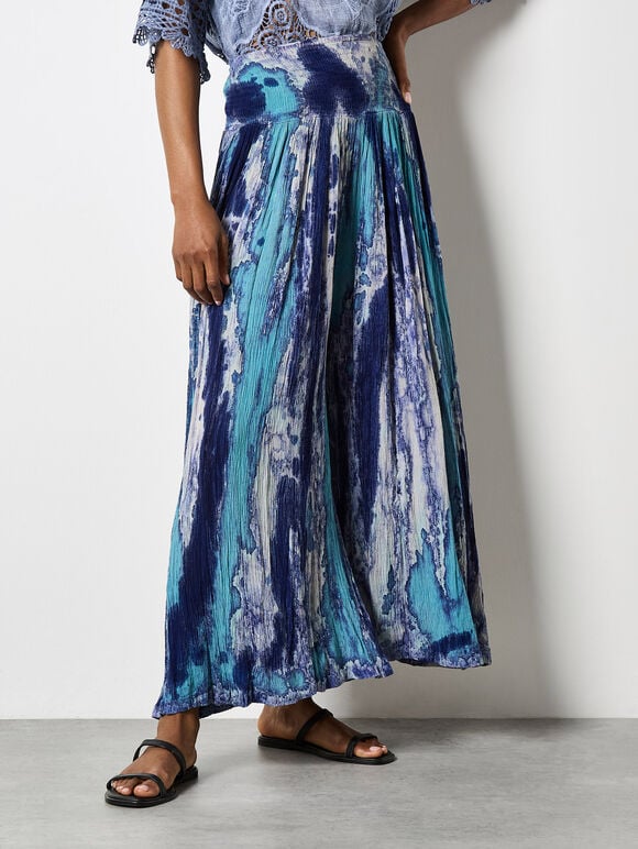 Tie Dye Crinkle Palazzo Trousers, Navy, large