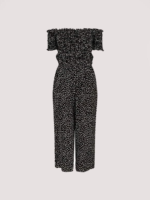 Dots Smocked Bardot Jumpsuit, Black, large