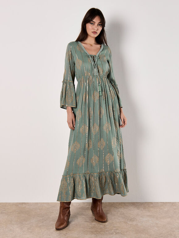 Metallic Paisley Boho Maxi Dress, Mint, large