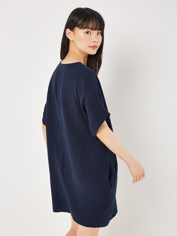 Textured Cotton Oversized T-Shirt Dress, Navy, large