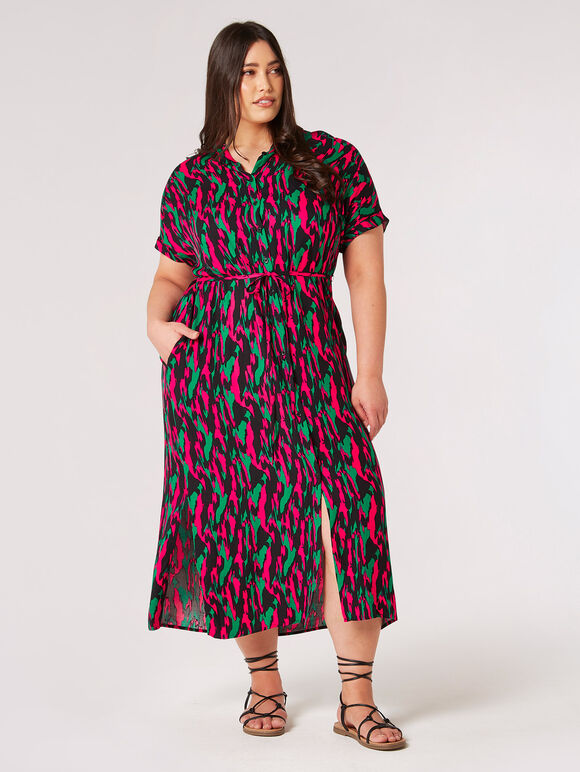 Curve Brushstroke Camo Shirt Midi Dress, Black, large