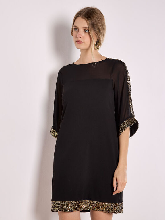 Kimono Sleeve Sequin Dress, Black, large