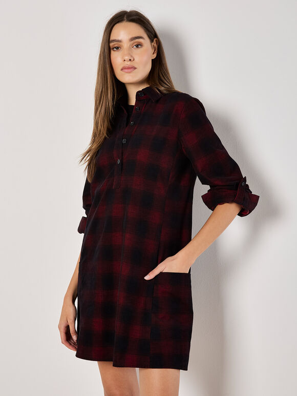 Check Cotton Corduroy Mini Dress, Red, large