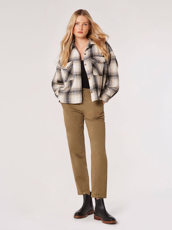 Fringed Cropped Check Shacket, Stone, large