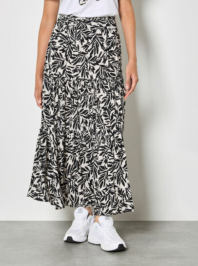 Leaf Print Tiered Midi Skirt