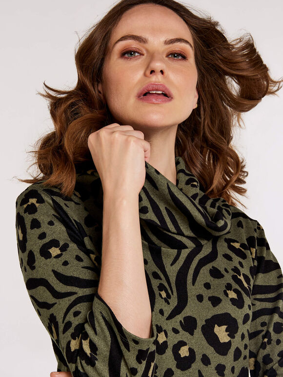 Zebra Leopard Cocoon Mini Dress, Khaki, large