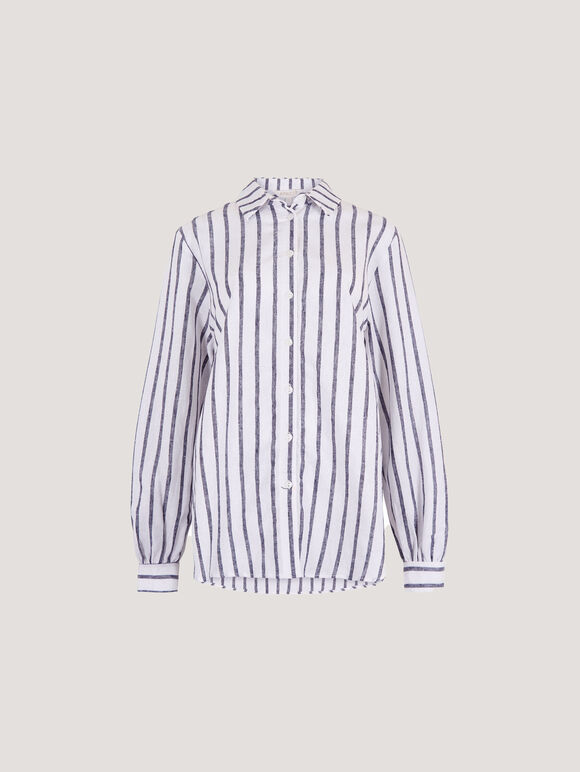 Striped Linen Shirt, Navy, large