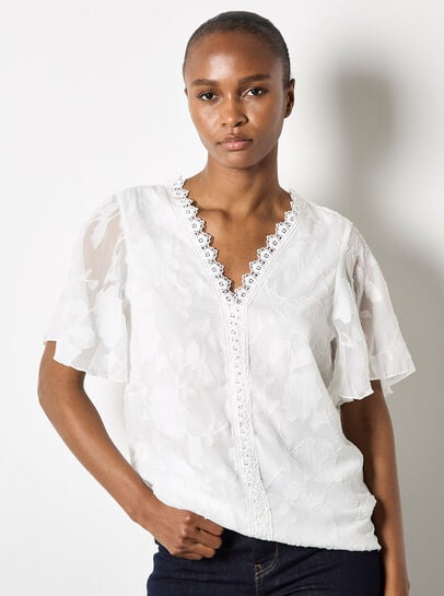 Crochet Trim Floral Jacquard Blouse
