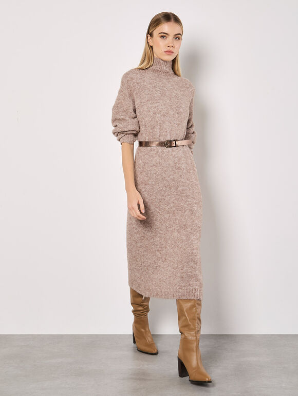 Oversized Fluffy Jumper Midi Dress, Stone, large
