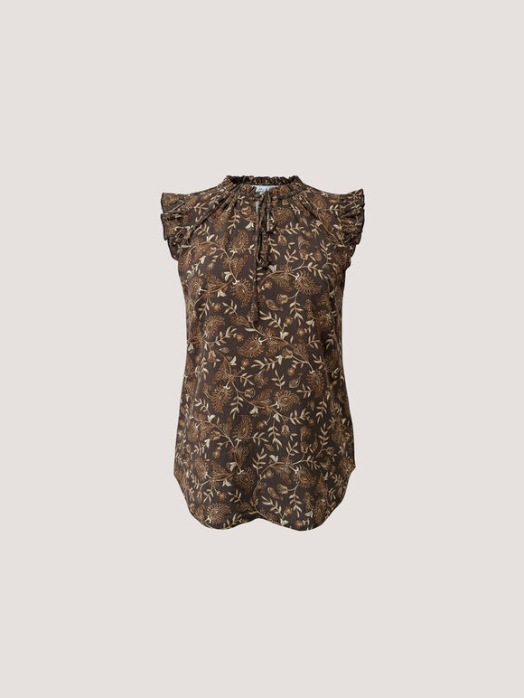 Painterly Paisley Ruffle Top, Brown, large