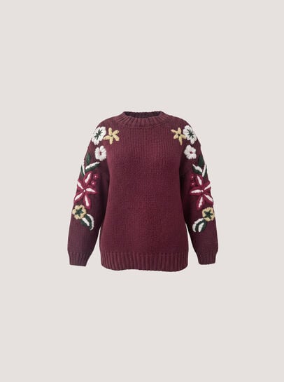 Embroidered Floral Sleeve Chunky Knit Jumper