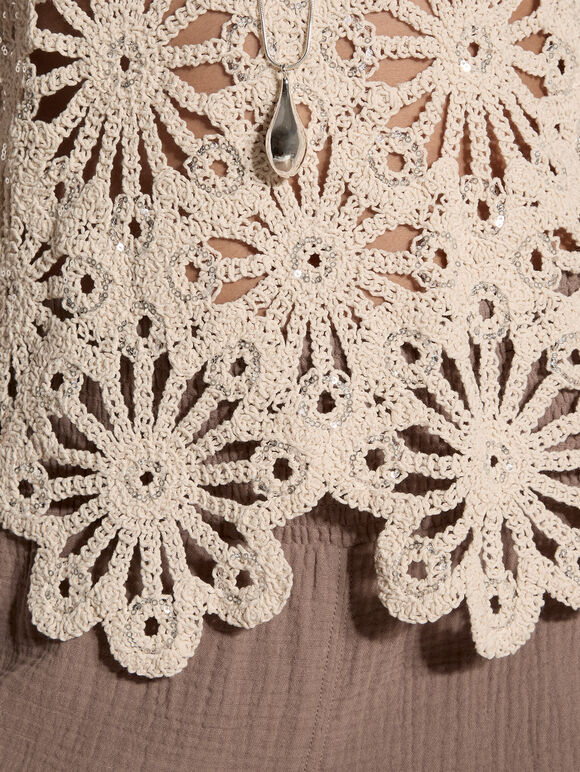 Sequin Crochet Shell Top, Stone, large