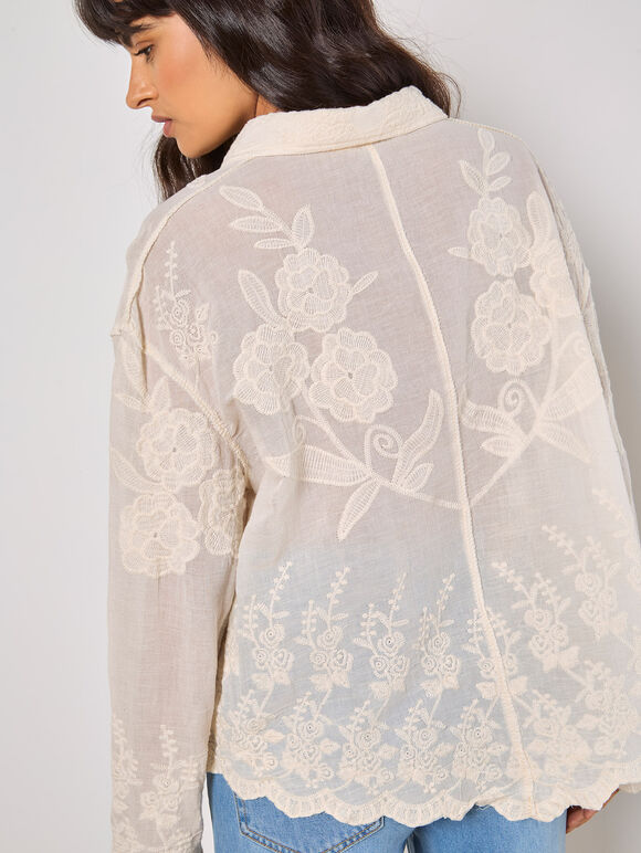 Floral Embroidered Cotton Shirt, Stone, large