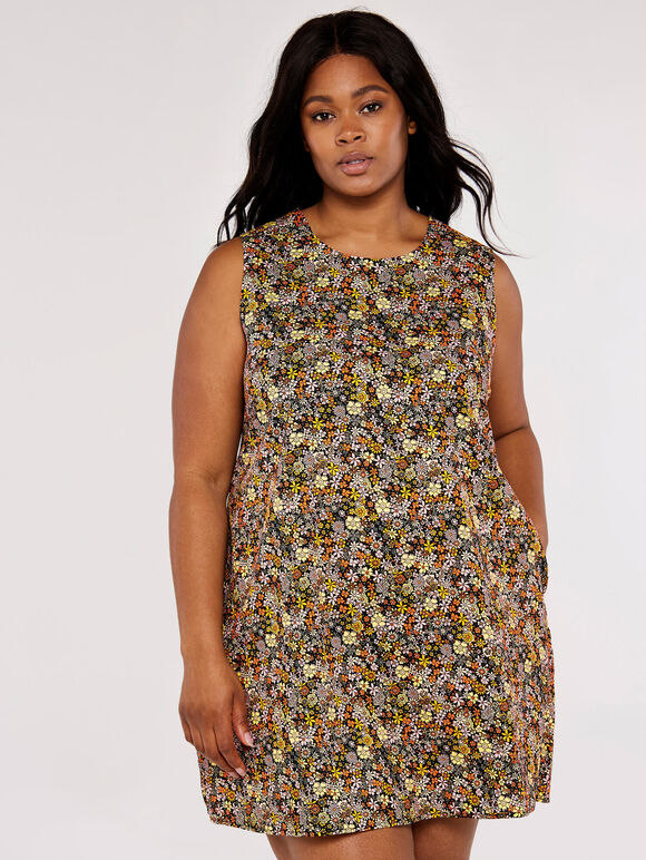 Curve Retro DitsyTrapeze Dress, Black, large