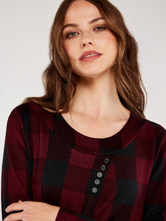 Gingham 5 Button Jersey Layer Top, Burgundy, large