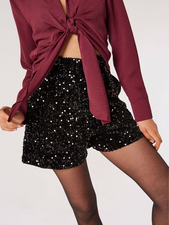 Velvet Sequin Embellished Shorts, Black, large