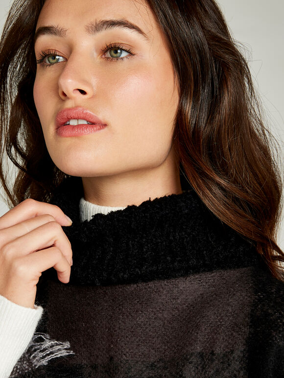 Colourblock Stripe Boucle Poncho, Dark Grey - Charcoal, large