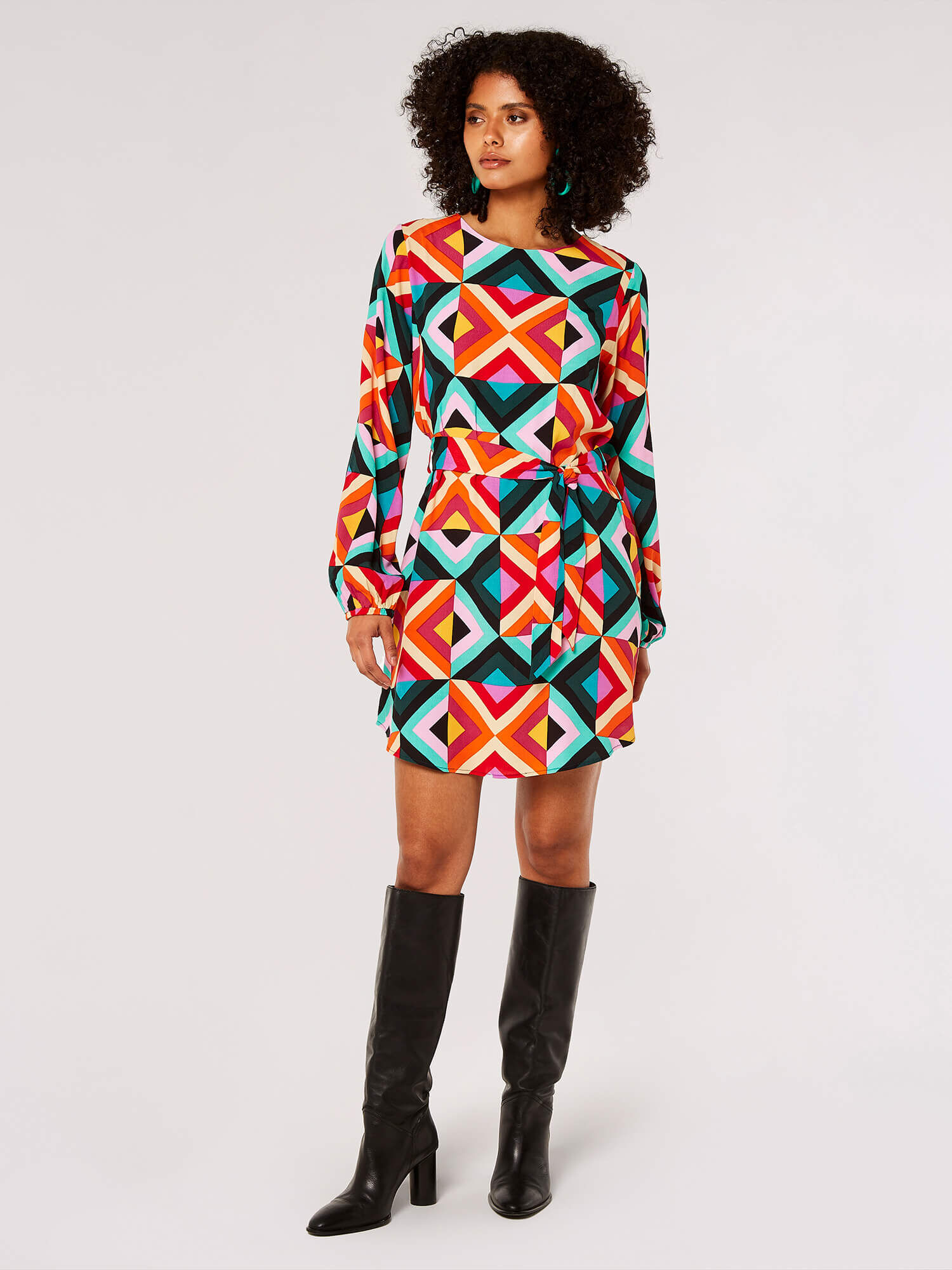 Retro Geometric Belted Mini Dress | Apricot Clothing