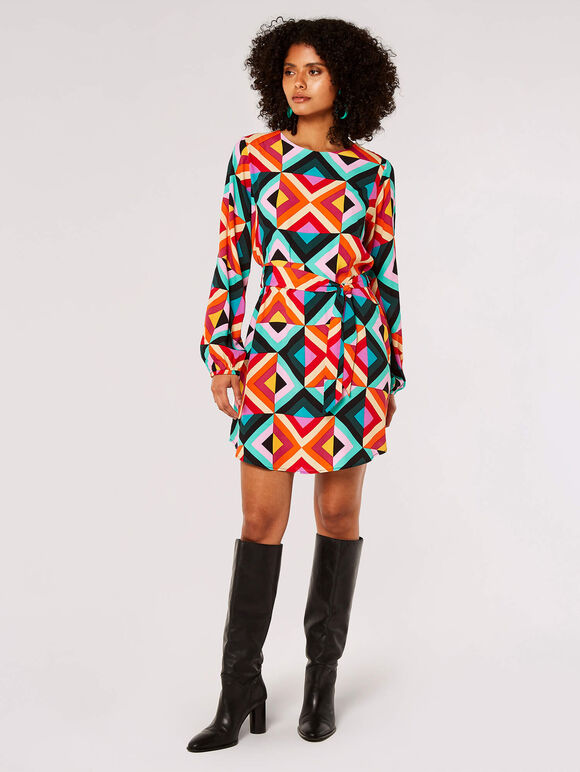 Retro Geometric Mini Dress, Aqua - Turquoise, large