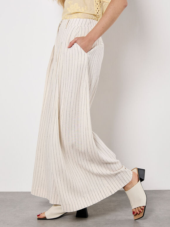 Pinstripe Pleat Palazzo Trousers, Stone, large