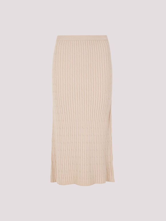 Fine Knit Cable Midi Skirt, Stone, large