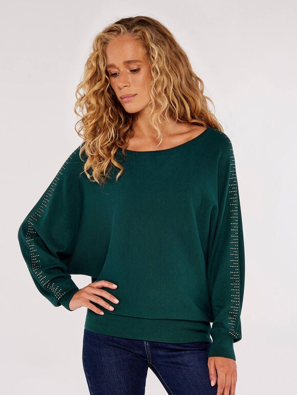 Stud Detail Batwing Jumper, Green, large