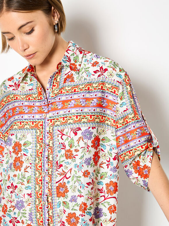Floral Scarf Print Satin Shirt, Orange, large