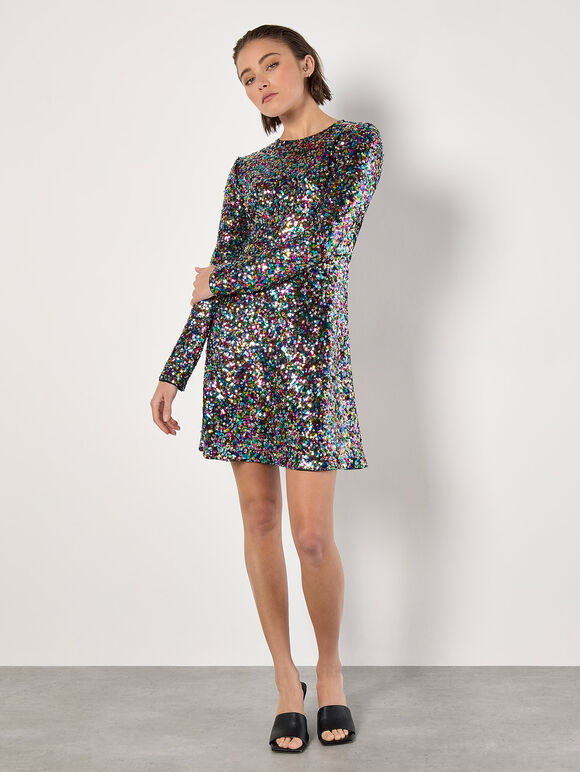 Rainbow Sequin Fit And Flare Mini Dress, Black, large