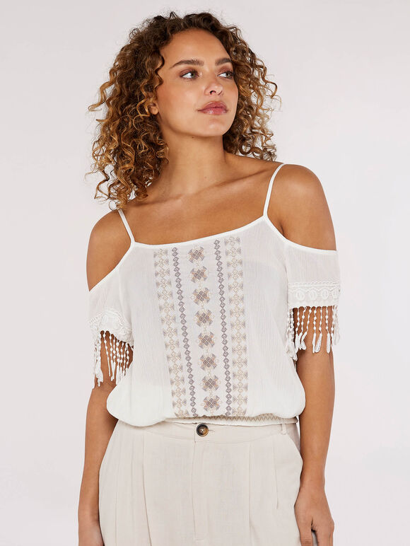 Embroidered Cut-Out Shoulder Top, White, large