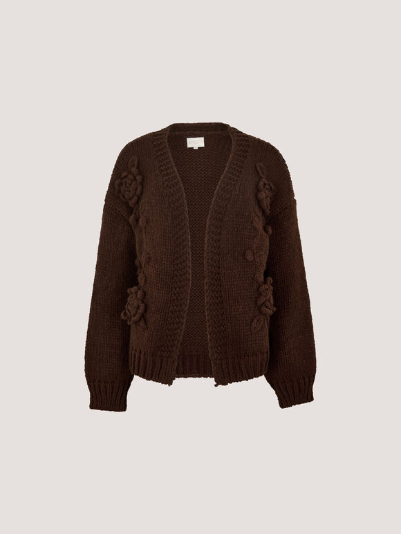 Rose Applique Chunky Knit Cardigan, Brown, large