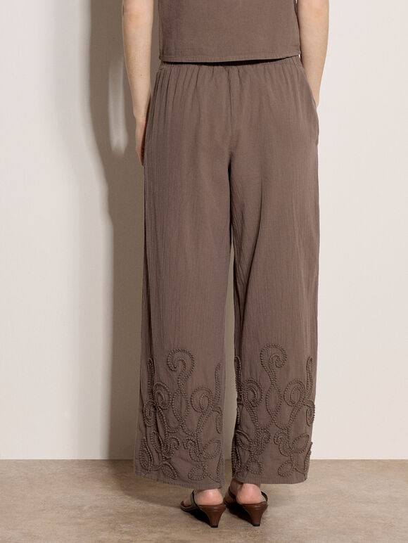 Embroidered Cotton Wide-Leg Trousers, Stone, large