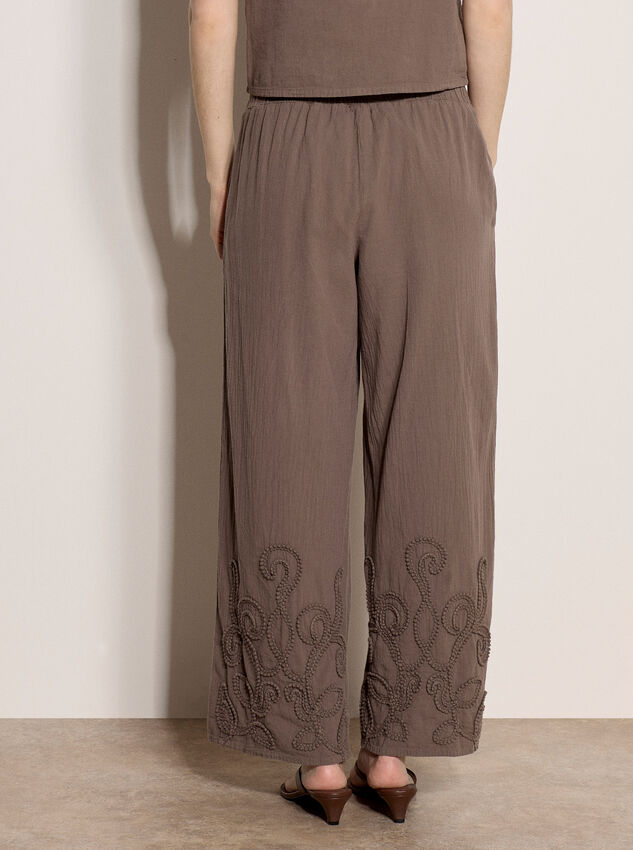 Embroidered Cotton Wide-Leg Trousers, Stone, large