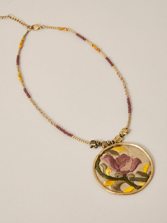 Embroidered Circle Necklace, Yellow, large