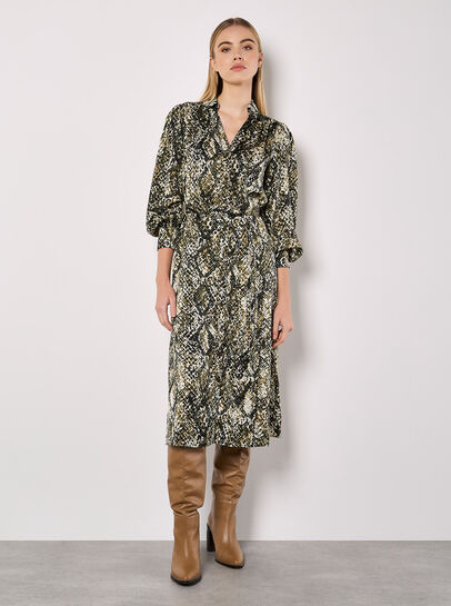 Snakeskin Print Satin Shirt Midi Dress