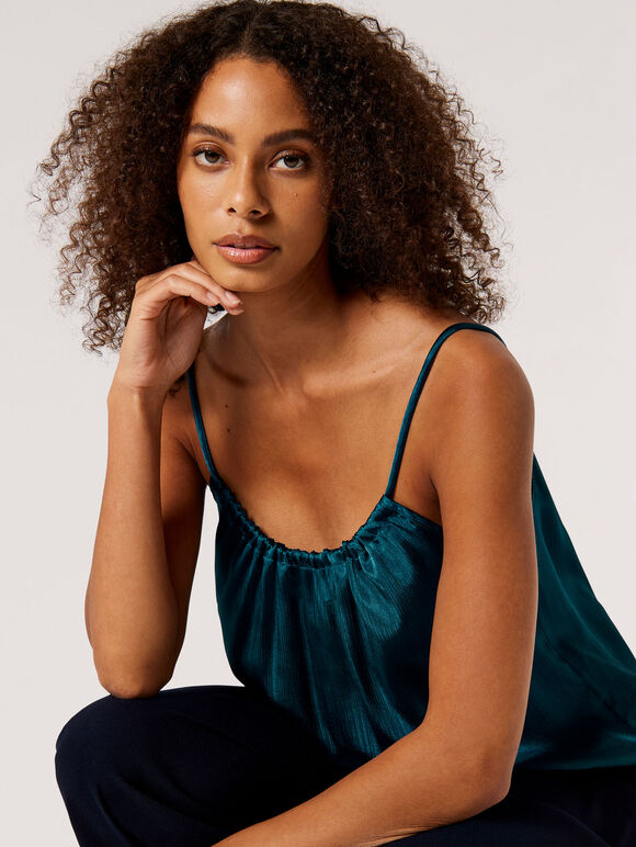 Textured Satin Camisole Top, Teal, large