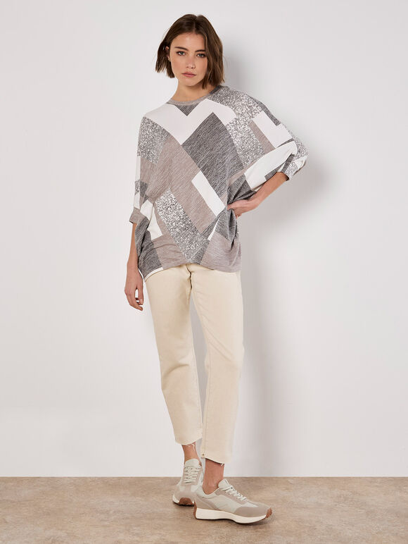 Batwing Geometric Jersey Top, Brown, large