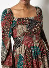 Patchwork Print Boho Mini Dress, Brown, large