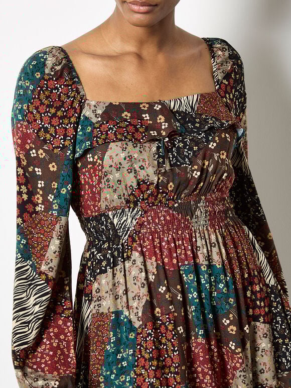 Patchwork Print Boho Mini Dress, Brown, large