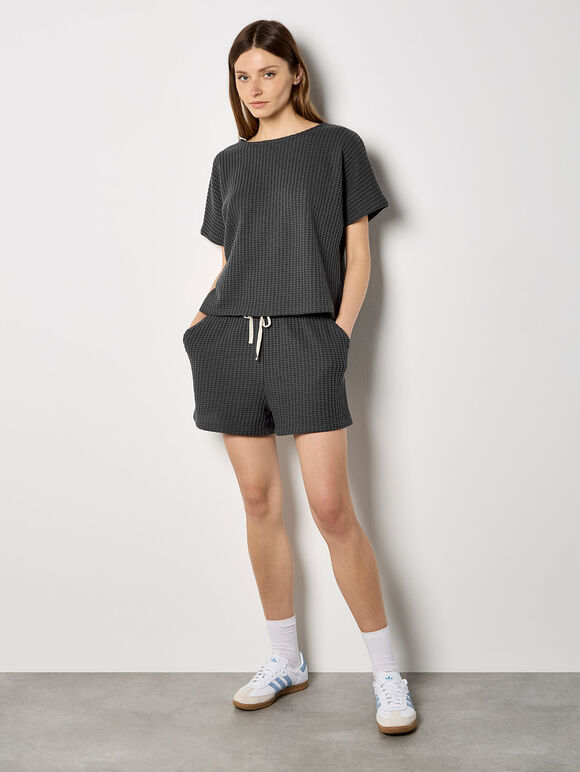 Waffle Knit Mini Shorts, Dark Grey/Charcoal, large