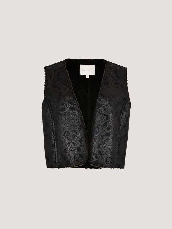 Embossed Paisley Borg-Lined Waistcoat, Black, large