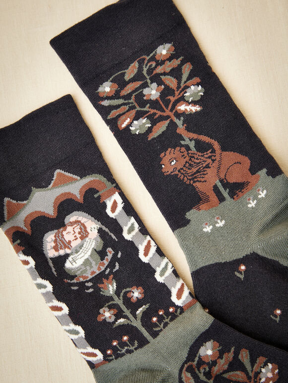 Chaussettes en coton imprimé lion, noires, grandes