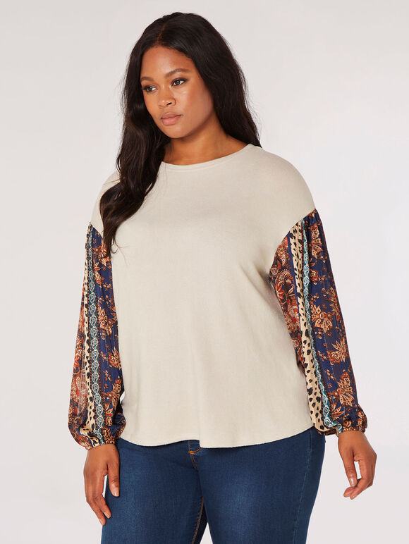 Boho Patchwork Contrast Top, Stone, large