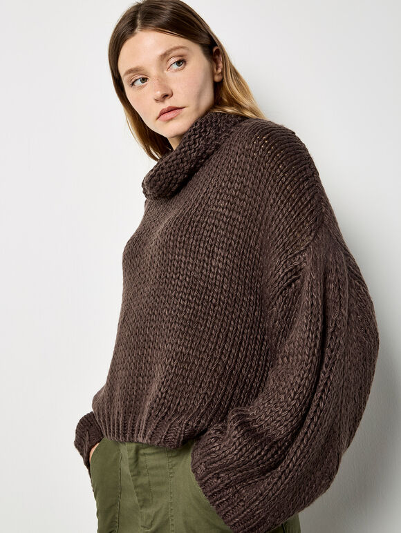 Chunky Knit Roll Neck Oversized Jumper, Brown, large